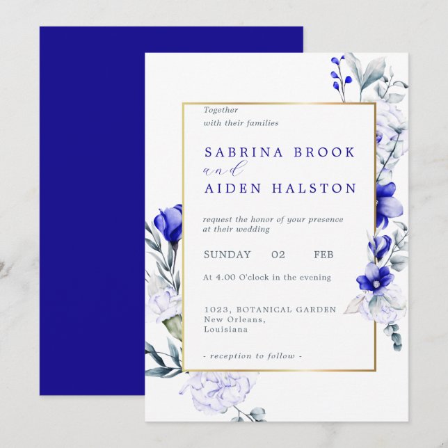 Shade Of Royal Blue Ivory Floral Wedding  Invitation (Front/Back)