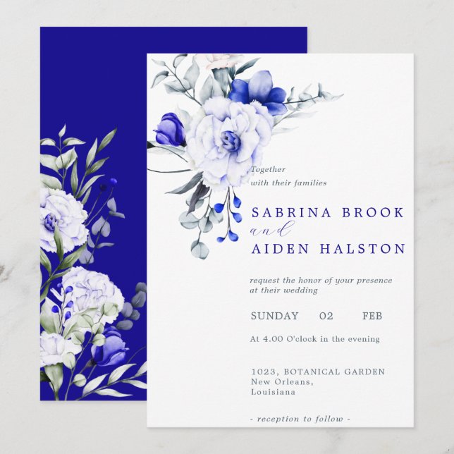 Shade Of Royal Blue Ivory Floral Wedding  Invitation (Front/Back)