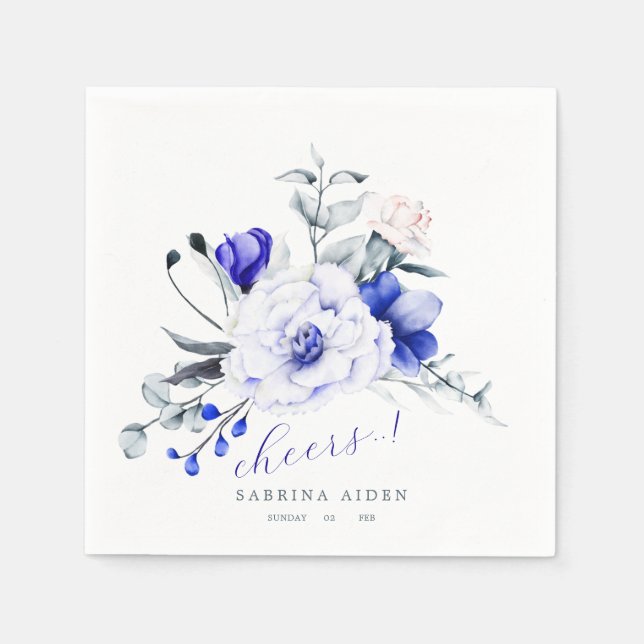 Shade Of Royal Blue Ivory Floral Wedding Napkins (Front)