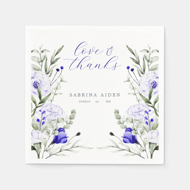 Shade Of Royal Blue Ivory Floral Wedding Napkins (Front)
