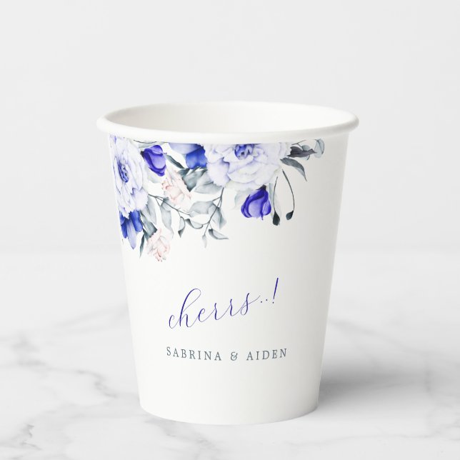 Shade of Royal Blue Ivory Floral wedding Paper Cups (Front)