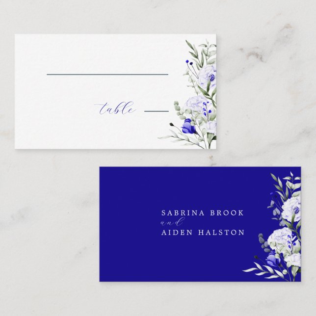 Shade Of Royal Blue Ivory  Floral Wedding  Place Card (Front/Back)