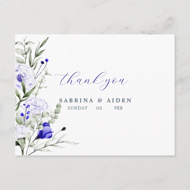 Shade Of Royal Blue Ivory Floral Wedding Thank You Postcard (Front)