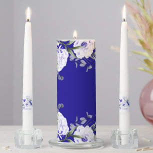 Shade Of Royal Blue Ivory Floral Wedding Unity Candle Set