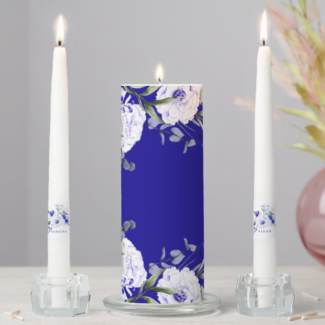 Shade Of Royal Blue Ivory Floral Wedding  Unity Candle Set (In Situ)