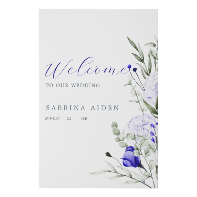 Shade of Royal Blue Ivory Floral Wedding  Welcome Faux Canvas Print (Front)