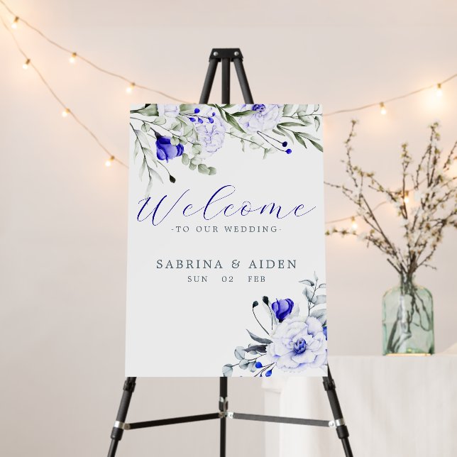 Shade of Royal Blue Ivory Floral Wedding Welcome  Foam Board (In Situ (Stand))