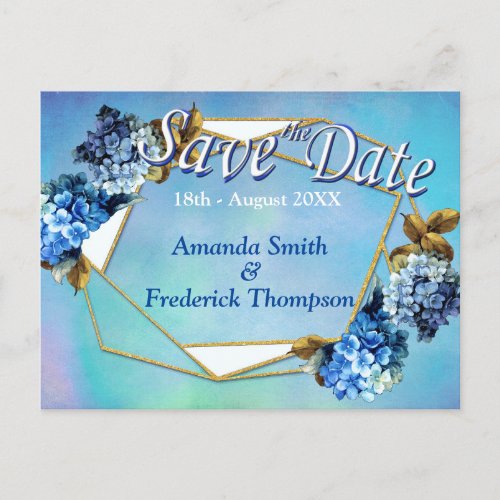 Shades  Blue Watercolor Hydrangeas Save the Dates Announcement Postcard