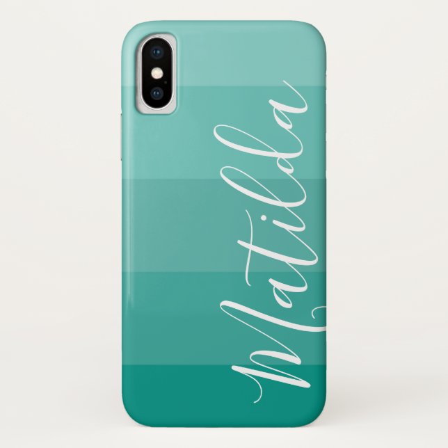 Shades of aqua Ombre Stripe Personalized Name Case-Mate iPhone Case (Back)