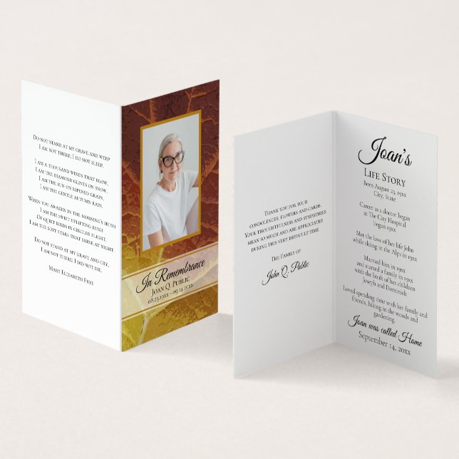 Shades of Autumn Funeral Memorial Prayer Business Card (Inside and Outside)