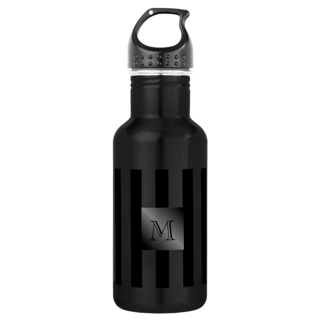 Shades of Black Stripes Manly Monogram Water Bottle (Front)