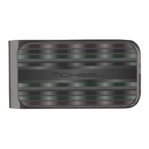 Shades of Black Stripes Modern Monogram Gunmetal Finish Money Clip