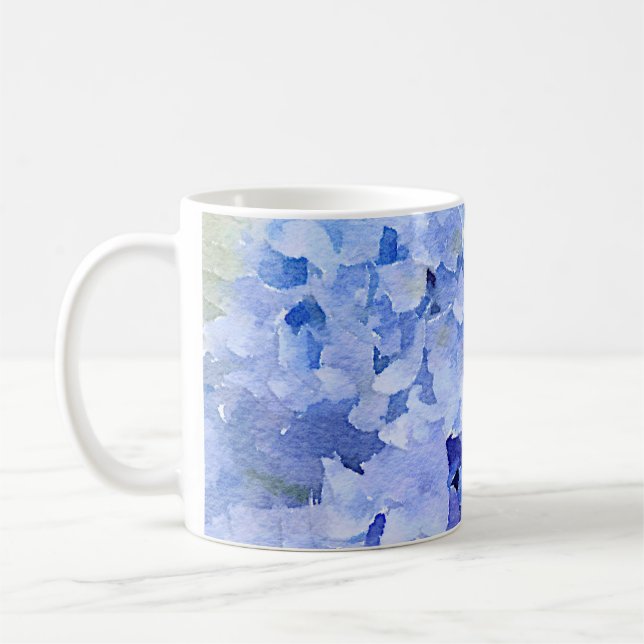Shades of blue and periwinkle hydrangea coffee mug (Left)