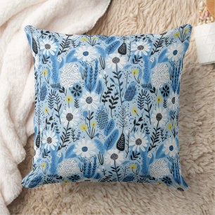 Shades of Blue and White Daisies and Leaves Throw Pillow