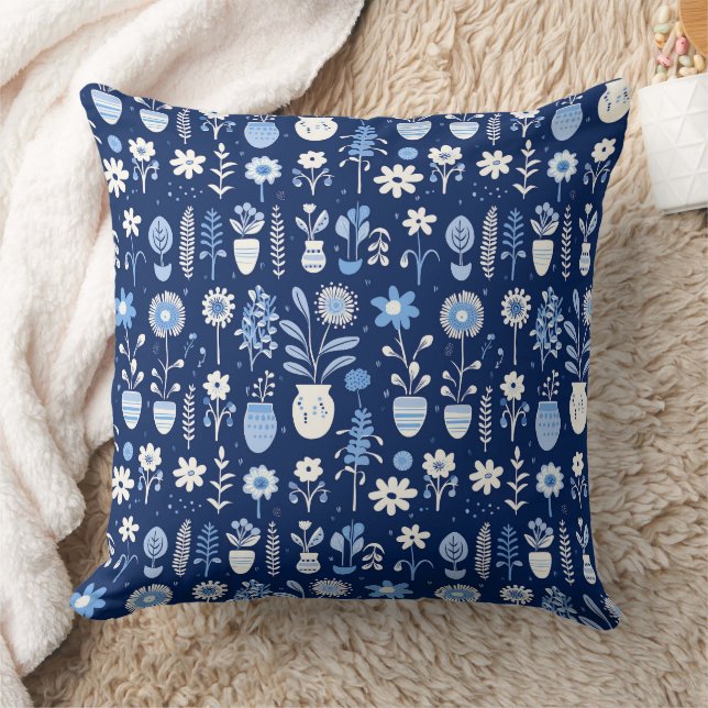 Shades of Blue and White Flowers in Vases Throw Pillow (Blanket)