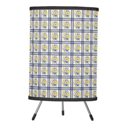 SHADES OF BLUE AND YELLOW WATERCOLOR FLOWERS TRIPOD LAMP