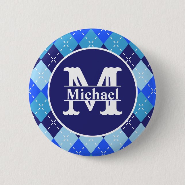 Shades of Blue Argyle Sporty Preppy Personalized Button (Front)