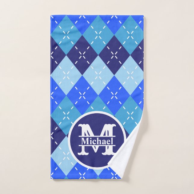 Shades of Blue Argyle Sporty Preppy Personalized Hand Towel (Hand Towel)