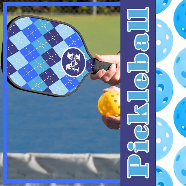 Shades of Blue Argyle Sporty Preppy Personalized Pickleball Paddle (Creator Uploaded)