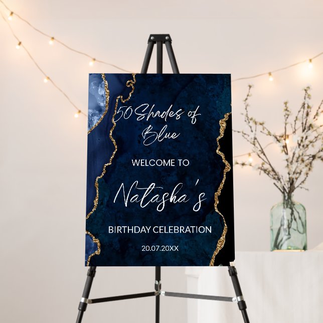 Shades of Blue Birthday Welcome Sign, Adult Shades Foam Board (In Situ (Stand))