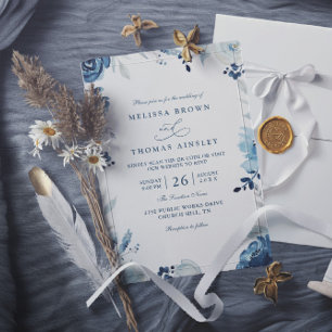 Shades of Blue Botanical Floral QR Code Wedding Invitation