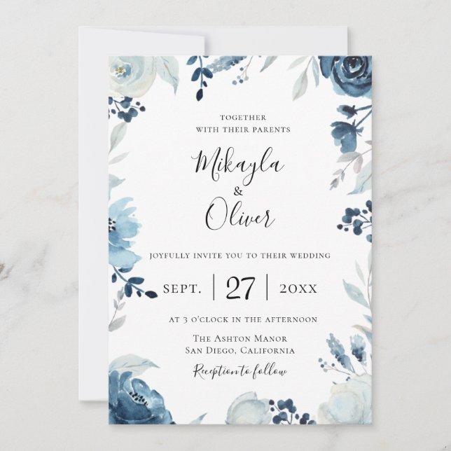 Shades of Blue Botanical Floral Wedding Invitation (Front)