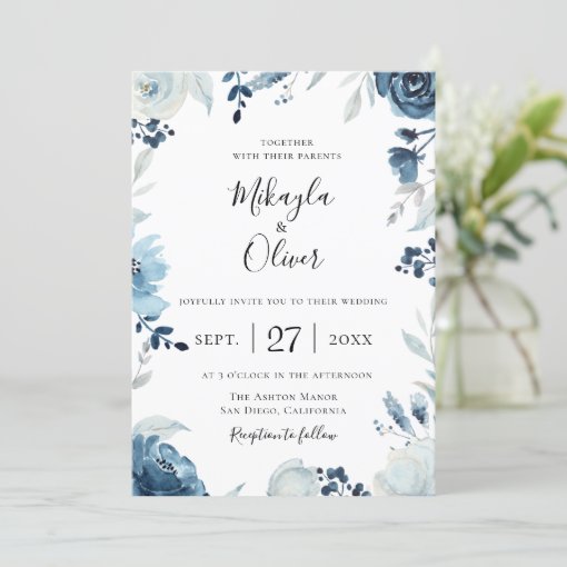 Shades of Blue Botanical Floral Wedding Invitation | Zazzle