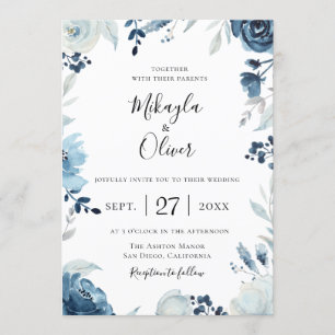 Shades of Blue Botanical Floral Wedding Invitation