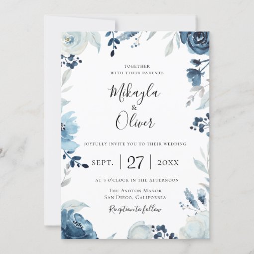 Shades of Blue Botanical Floral Wedding Invitation | Zazzle