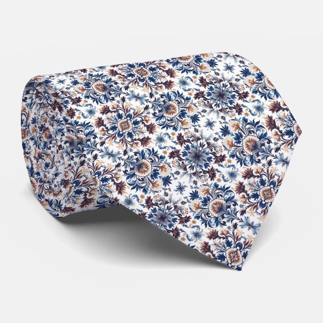 Shades of Blue, Brown, Golden Yellow... Floral Neck Tie (Rolled)
