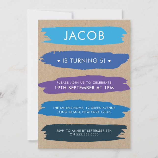 Shades Of Blue Brush Strokes Boys 5th Birthday Invitation (Front)