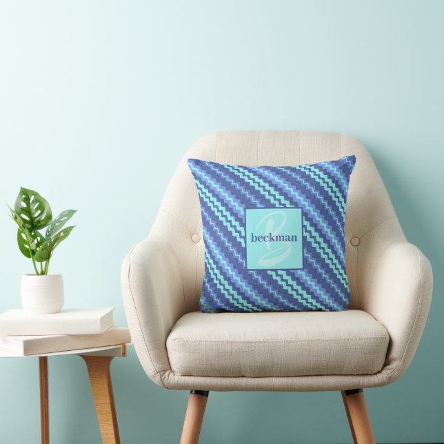 Shades of Blue Chevron Monogrammed Throw Pillow (Chair)
