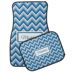 Shades of Blue Chevron Zigzag Pattern Monogrammed Car Floor Mat