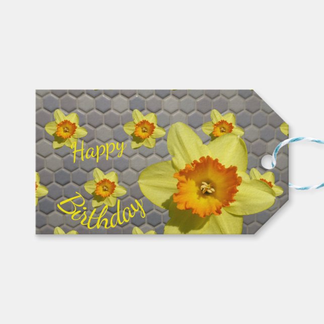Shades of Blue Daffodils Cust. Birthday Gift Tag (Front (Horizontal))