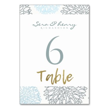 SHADES OF BLUE DAHLIA FLORAL PATTERN GOLD TABLE CARD SHADES OF BLUE DAHLIA FLORAL PATTERN GOLD TABLE CARD