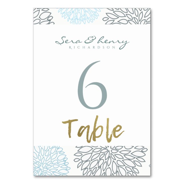 SHADES OF BLUE DAHLIA FLORAL PATTERN GOLD TABLE NUMBER (Front)