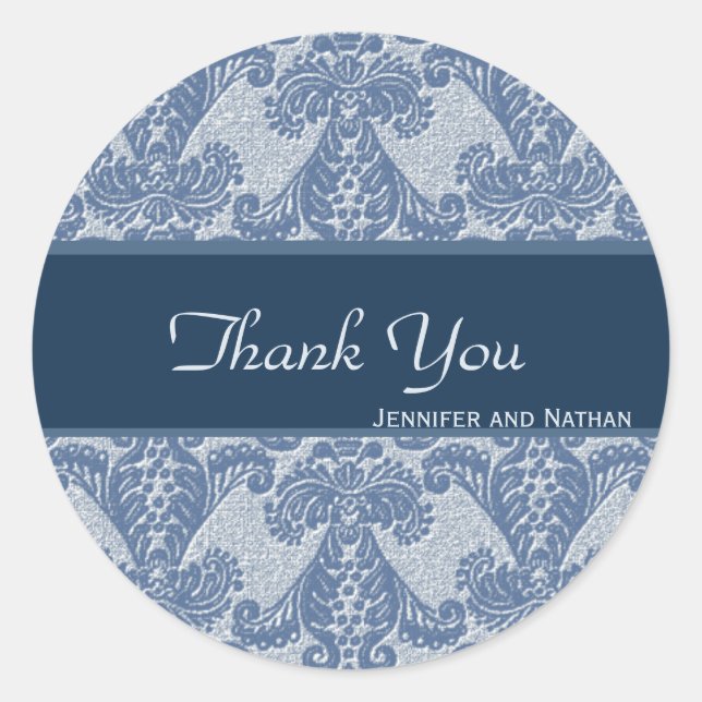 Shades of Blue Damask Thank You Classic Round Sticker (Front)