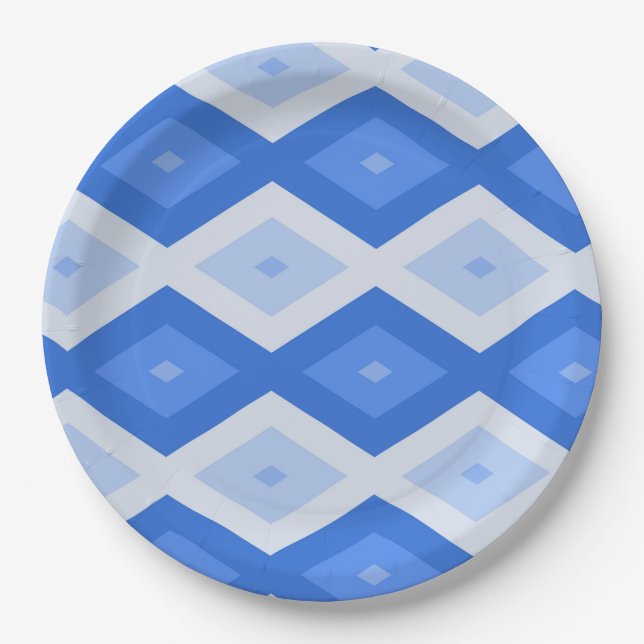 Shades of blue diamond pattern paper plates (Front)