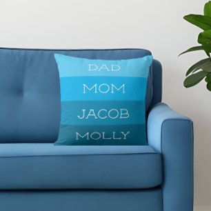 Shades of Blue Family of Four Names Throw Pillow