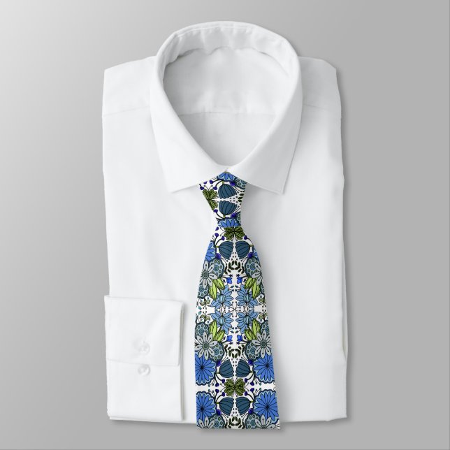 Shades of Blue Floral Flower Garden Folk Art Neck Tie (Tied)