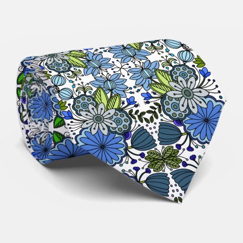 Shades of Blue Floral Flower Garden Folk Art Neck Tie