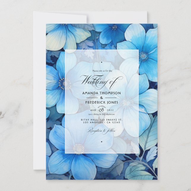 Shades of Blue Floral Wedding Invitation (Front)