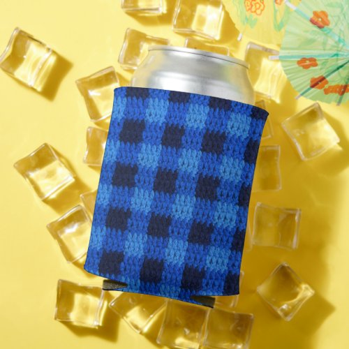 Shades of Blue Gingham Plaid Crochet Can Cooler