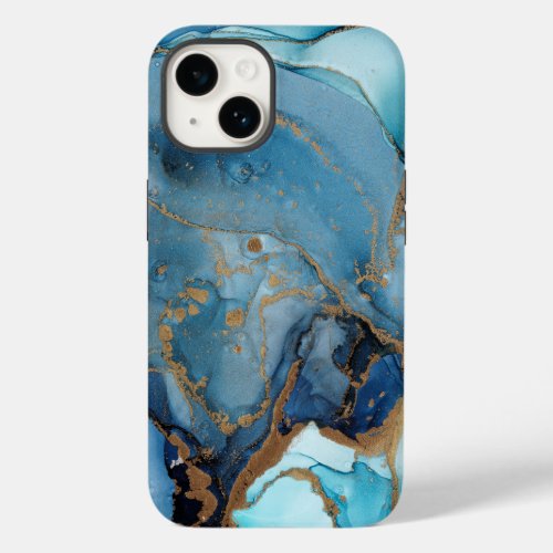  Shades of Blue Gold Abstract Watercolor Marble  Case_Mate iPhone 14 Case