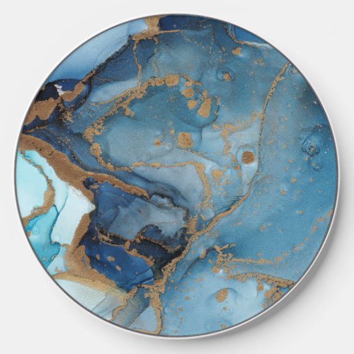  Shades of Blue Gold Abstract Watercolor Marble  Wireless Charger