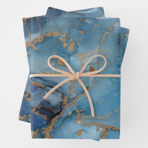  Shades of Blue Gold Abstract Watercolor Marble   Wrapping Paper Sheets