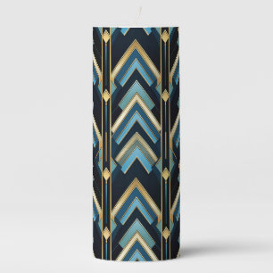 SHADES OF BLUE & GOLD ART DECO PATTERNS PILLAR CANDLE