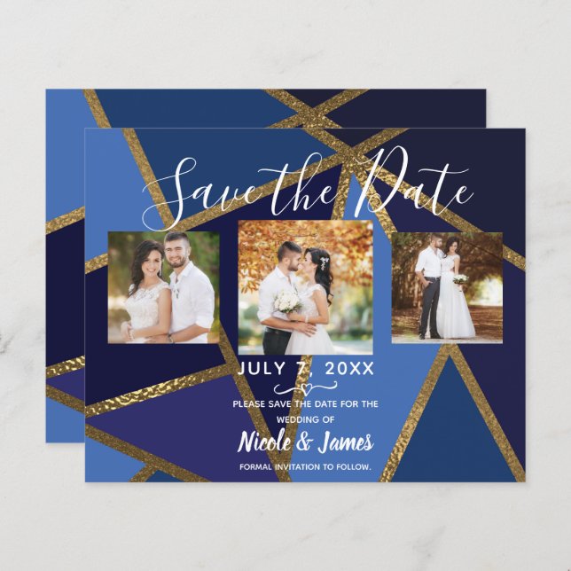Shades of Blue & Gold Bronze Geometric Save Date (Front/Back)