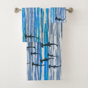 Shades of Blue, Grey, and White Stripes and Sharks Bath Towel Set