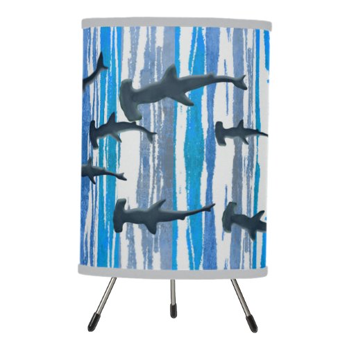 Shades of Blue Grey and White Stripes and Sharks Tripod Lamp